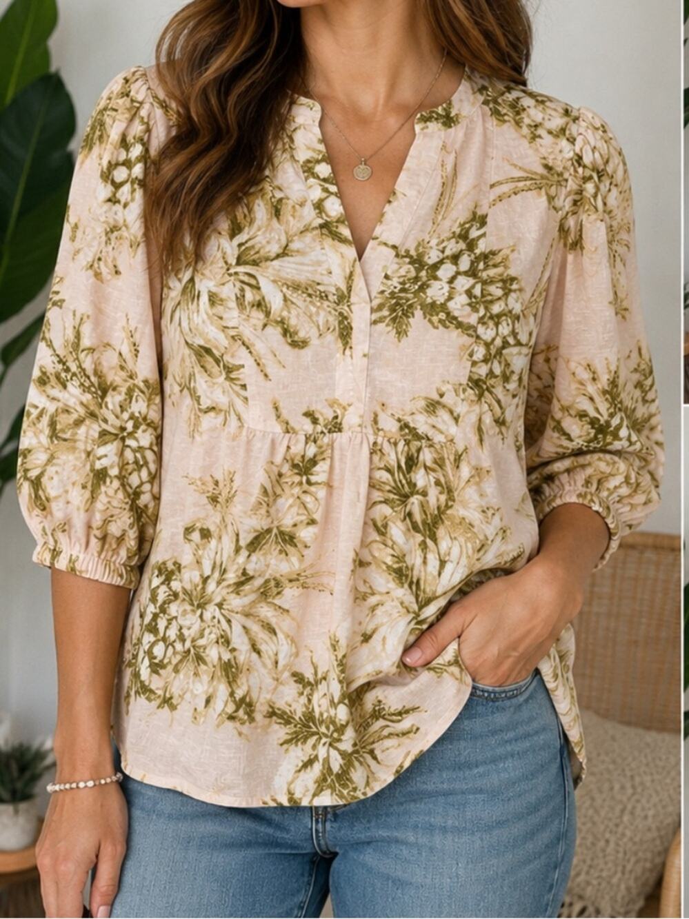 Panama Jack Linen Blend Tropical Pineapple Print Blouse Large Puff Sleeve Boho